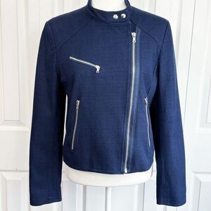 Gap Navy Blue Asymmetrical Zip Cropped Long Sleeve Moto Jacket Medium